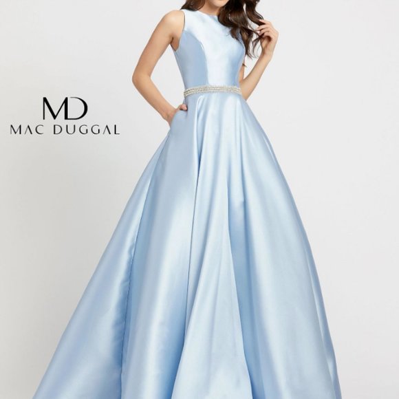 MAC DUGGAL 55237H JEWELED WAIST SATIN TWULL POWDER BLUE EVENING GOWN sz 6 - Picture 1 of 11